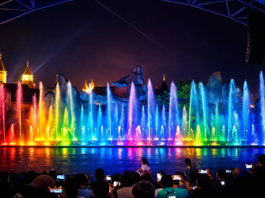 Show nhạc nước là một trong những chương trình biểu diễn buổi tối nổi bật tại VinWonders, kết hợp âm nhạc, ánh sáng và hiệu ứng vòi phun hiện đại.