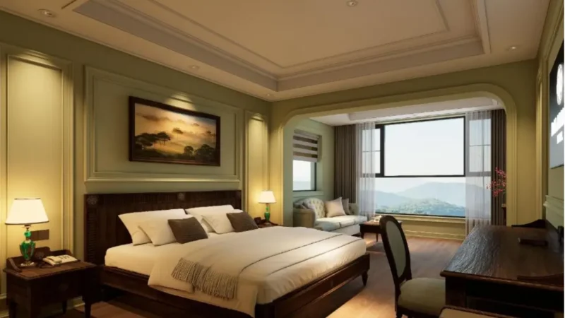 Phòng nghỉ khách sạn 4 sao view núi rừng dành cho du khách trong tour Đà Lạt 2 ngày 1 đêm.