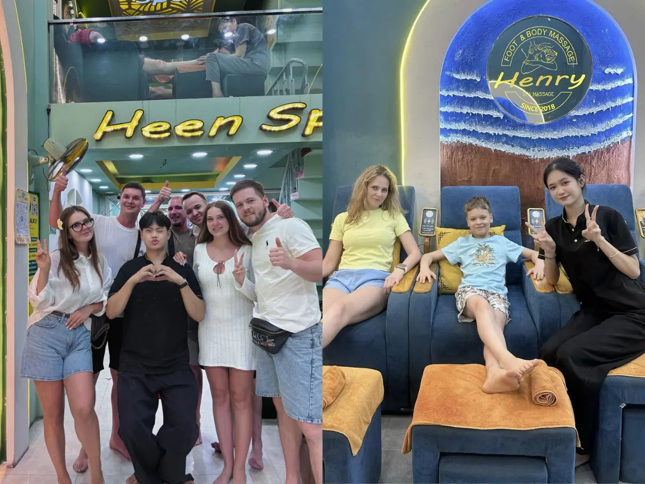 International tourists happily taking a photo after enjoying a professional massage treatment at Henry Spa Nha Trang.